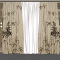Beige Curtains With Bamboo Pattern And White Sheer For Living Room