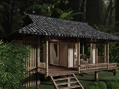 Traditional Bamboo Hut In Forest With Tile Roof Wooden Deck And Greenery 3d model