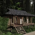 Traditional Bamboo Hut In Forest With Tile Roof Wooden Deck And Greenery
