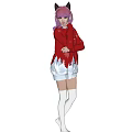 Woman With Purple Hair Wearing Red Snowflake Sweater Cat Ear Headphones And White Skirt