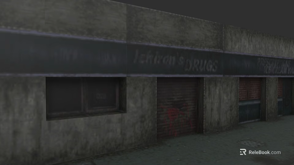 Detached Villa With Gray Walls Lehman's Drugs Sign Windows And Roll Up Door 3d model 