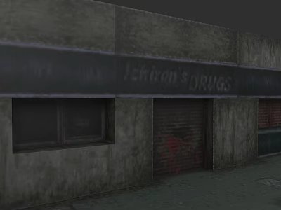 Detached Villa With Gray Walls Lehman's Drugs Sign Windows And Roll Up Door 3d model