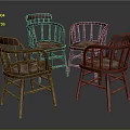 Four Vintage Wooden Chairs With Armrests Vertical Slat Back And Woven Seat