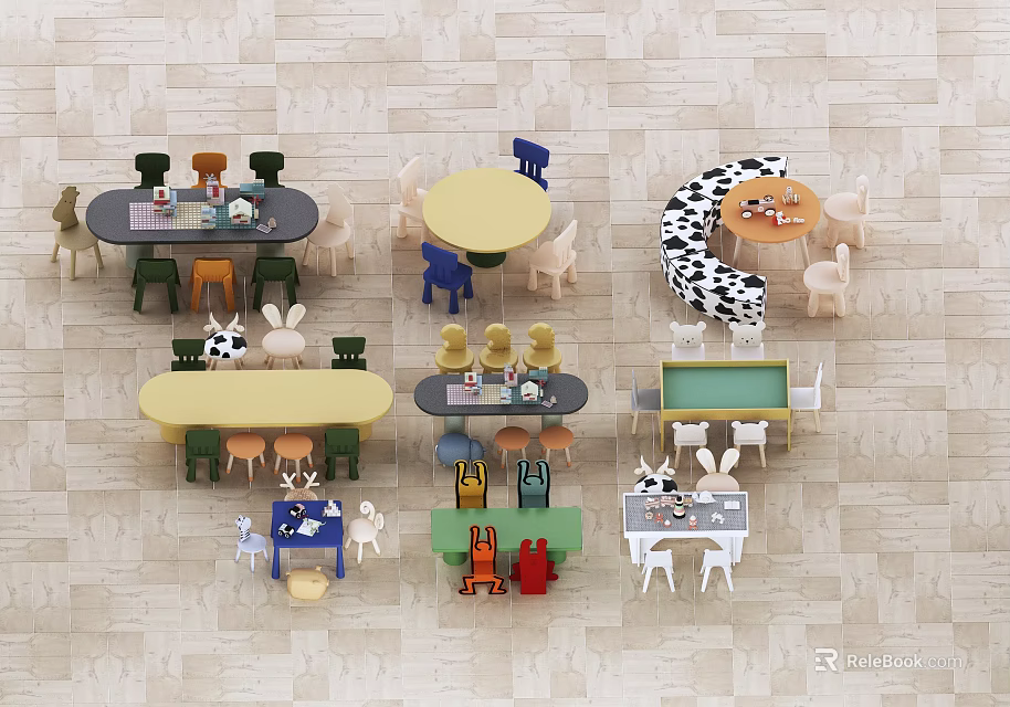 Colorful Kids Table with Various Shapes and Playful Chairs for Children's Room 3d model 