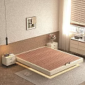 Double Bed in Modern Bedroom with Beige Wall Wooden Blinds Nightstand Vase and Drawer Cabinet