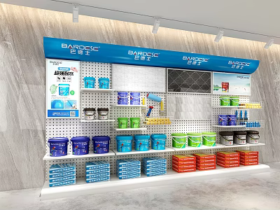 Retail Display Shelving with BANDICO Brand Products and Colored Containers 3d model