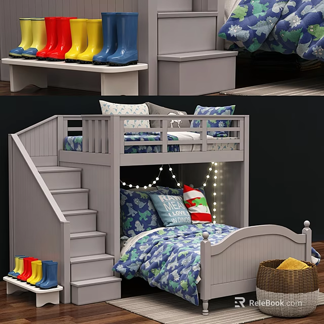 Gray Children's Bunk Bed With Stairs Cozy Blue Bedding And Decorative String Lights 3d model 