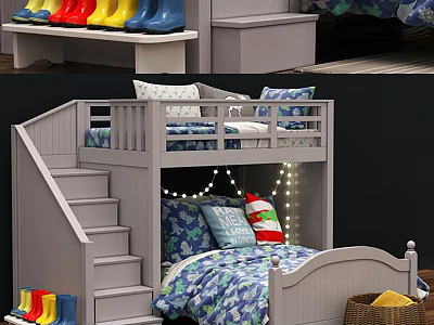 Gray Children's Bunk Bed With Stairs Cozy Blue Bedding And Decorative String Lights 3d model