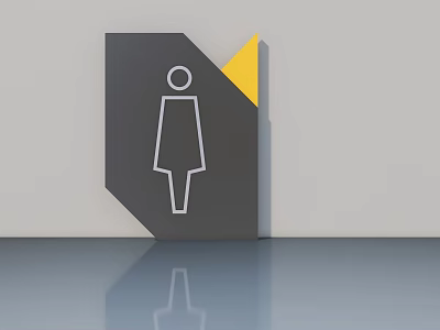 Gray Swing Door with Female Symbol and Yellow Triangle in Restroom Interior Design 3d model