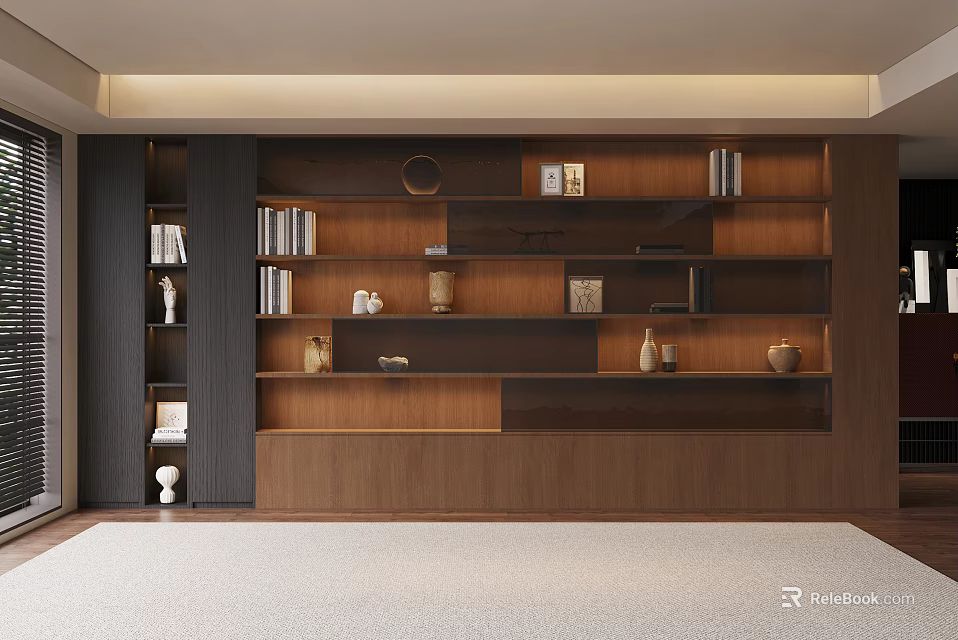 Modern Wooden Bookcase With Multi Tiered Shelves And Decorative Items 3d model 