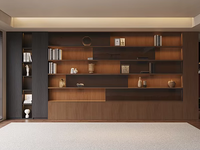 Modern Wooden Bookcase With Multi Tiered Shelves And Decorative Items 3d model