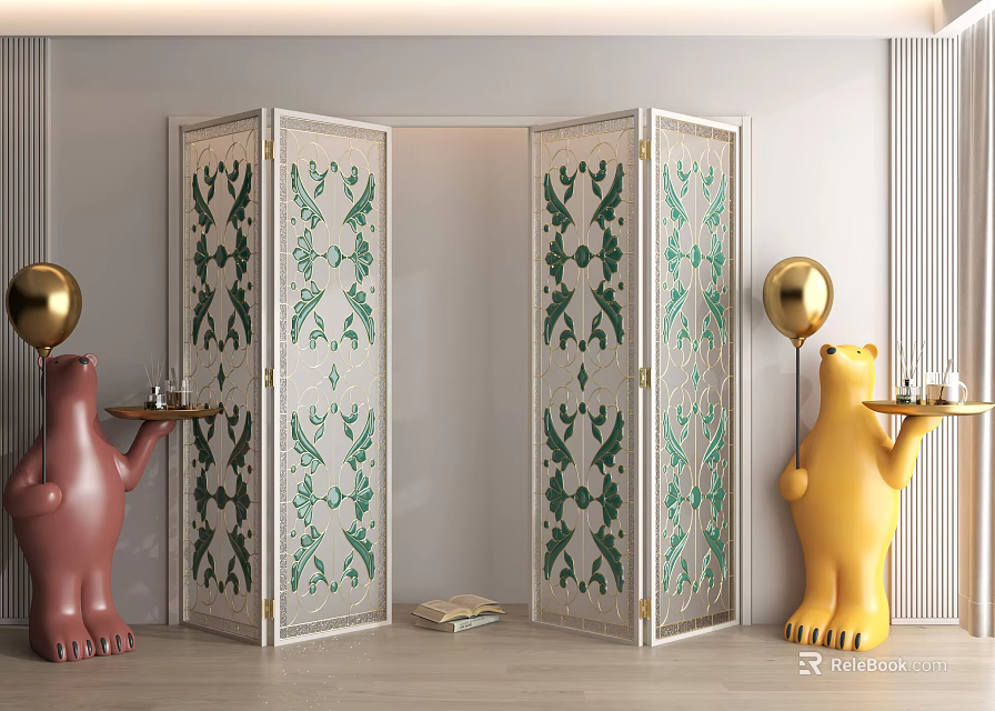 Green Patterned Glass Folding Doors with Indoor Sculptures and Gold Balloons 3d model 
