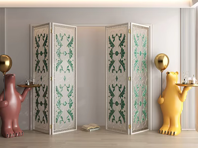 Green Patterned Glass Folding Doors with Indoor Sculptures and Gold Balloons 3d model