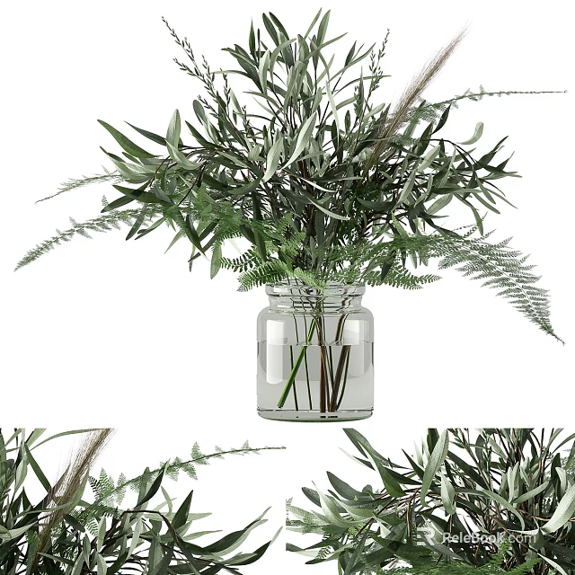 Clear Glass Vase With Fresh Green Leafy Plants And Fern Decor 3d model 