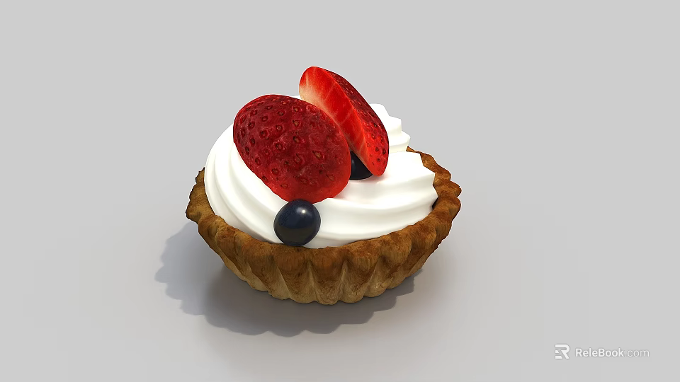 Fresh Fruit Tart Topped with Whipped Cream Fresh Strawberries and Blueberries 3d model 