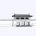 Traditional Chinese Gate Tower With Gray Roof Eaves And City Wall Under Blue Sky