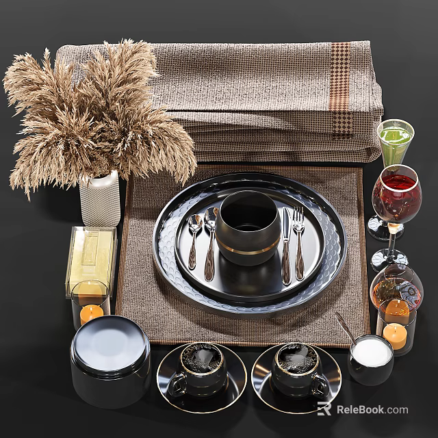 Sleek Black Dinnerware Set With Plates Cups Cutlery Wine Glasses And Decorative Elements 3d model 