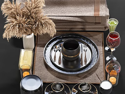 Sleek Black Dinnerware Set With Plates Cups Cutlery Wine Glasses And Decorative Elements 3d model
