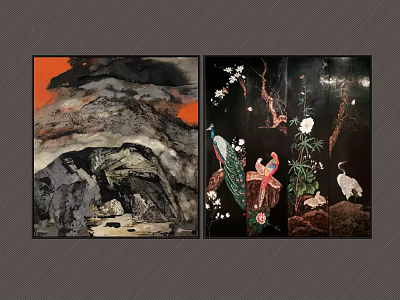 Two Art Paintings Featuring Orange Black Backgrounds Peacock Egret And Floral Designs 3d model