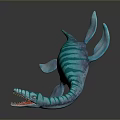 Turquoise Green Striped Plesiosaur 3D Render With Long Neck Blue Flippers And Open Mouth