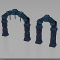 Wood and Stone Decorative Arches with Intricate Columns and Blue Purple Accents