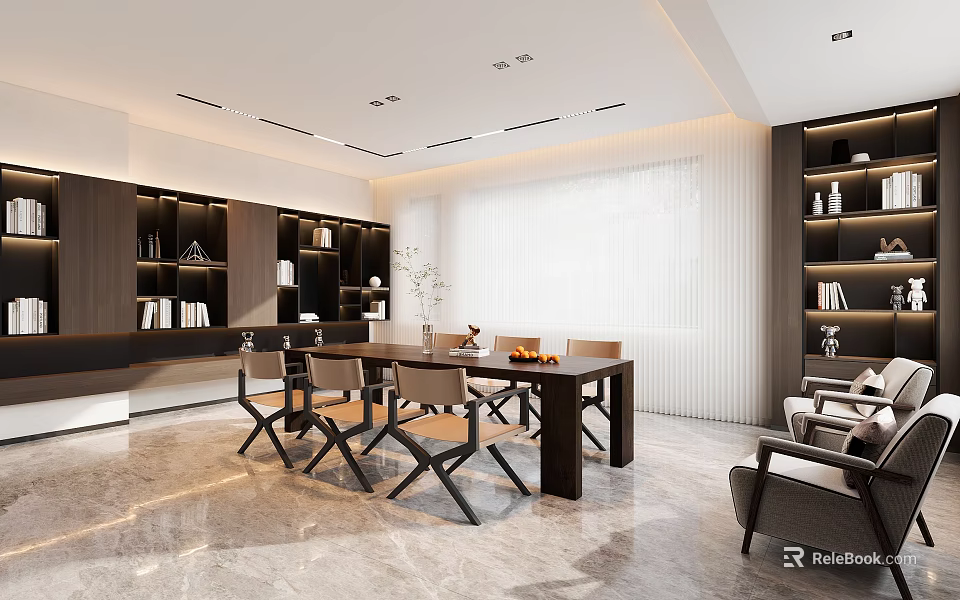 Modern Tea Room With Table Chairs Bookshelves And Large Window 3d model