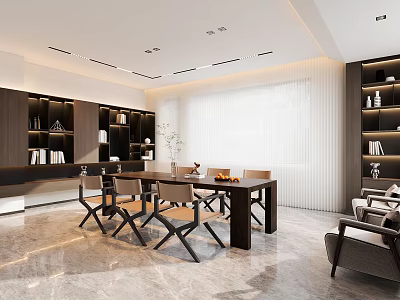 Modern Tea Room With Table Chairs Bookshelves And Large Window 3d model