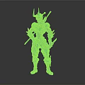 Sci Fi Warrior Character In Blue And Orange Mechanical Armor With Spiked Helmet And Weapons