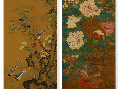 Traditional Plant Paintings with Peony Flowers Birds Chicken Tree and Rock 3d model