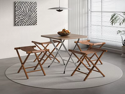 Folding Dining Table With Folding Chairs On Round Rug And Black White Striped Wall Art 3d model