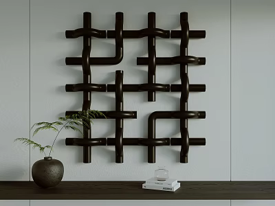 Modern Wooden Geometric Wall Decor with Gray Vase Green Plant and Books on Shelf 3d model