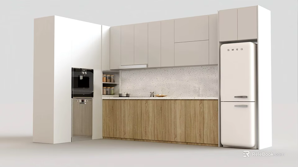 Modern Kitchen With White And Wooden Cabinets Countertop Backsplash Refrigerator And Oven 3d model 