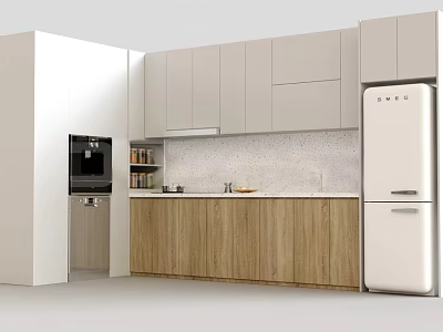Modern Kitchen With White And Wooden Cabinets Countertop Backsplash Refrigerator And Oven 3d model