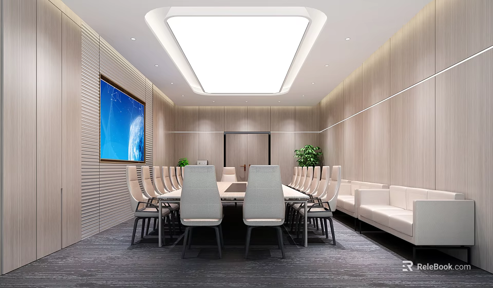 Modern Conference Room Interior With Long Table Chairs Large Display Wooden Walls And Green Plants 3d model 