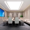 Modern Conference Room Interior With Long Table Chairs Large Display Wooden Walls And Green Plants