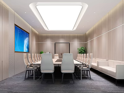 Modern Conference Room Interior With Long Table Chairs Large Display Wooden Walls And Green Plants 3d model