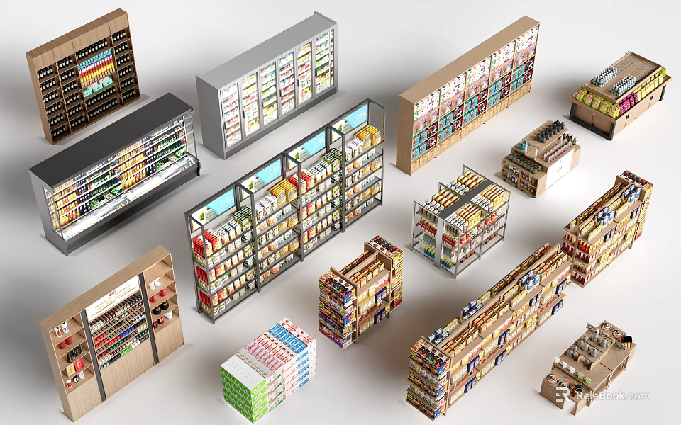 Various Retail Display Shelves With Different Styles For Store Product Arrangement 3d model 