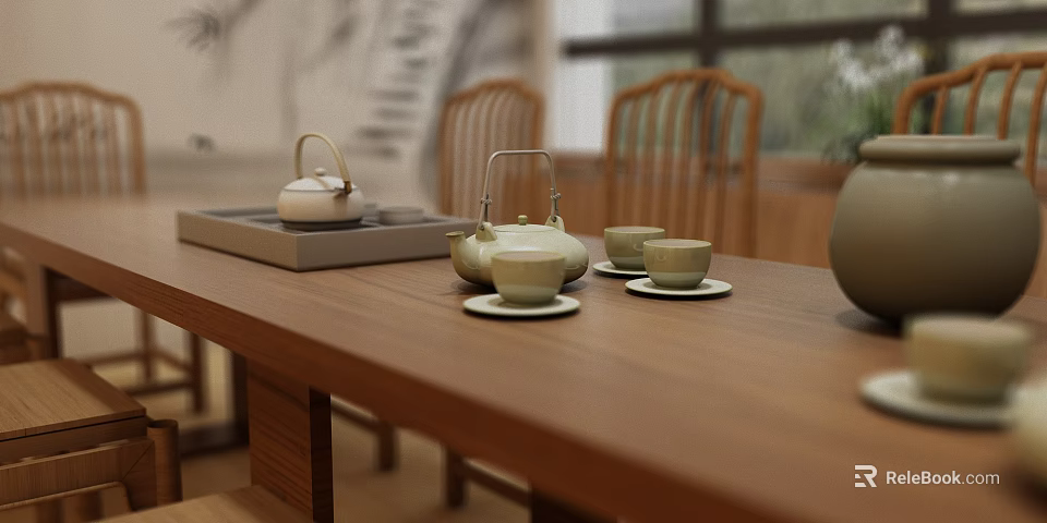 Traditional Chinese Tea Room Interior With Wooden Table Teapot Cups And Chairs 3d model 