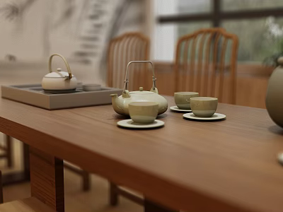 Traditional Chinese Tea Room Interior With Wooden Table Teapot Cups And Chairs 3d model