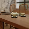 Traditional Chinese Tea Room Interior With Wooden Table Teapot Cups And Chairs