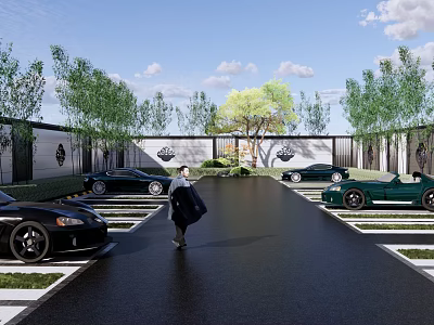 Eco friendly Parking Lot Featuring Landscaped Greenery Trees And Parked Luxury Cars 3d model