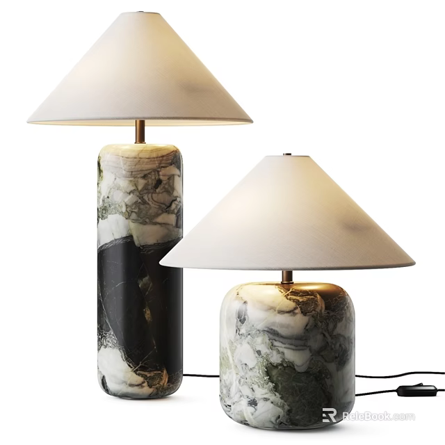 Modern Marble Table Lamps with Black and White Textured Base and Beige Fabric Shade 3d model 