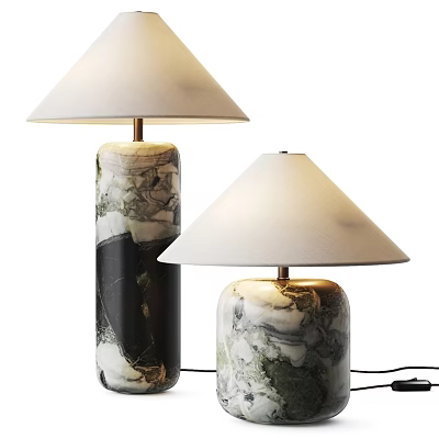 Modern Marble Table Lamps with Black and White Textured Base and Beige Fabric Shade 3d model