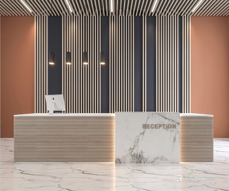 Modern Office Lobby Reception Desk With Marble Countertop Striped Wall Panel And Lighting 3d model 