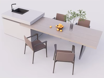 Modern Bar Counter With Built in Sink Dining Table Chairs Oranges And Green Plant 3d model