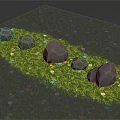 Scattered Natural Stone Pieces On Lush Green Grass With Small Colorful Flowers