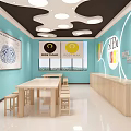 School Interior With Blue Beige Walls ROBTMAN Sign Wooden Tables And Stools