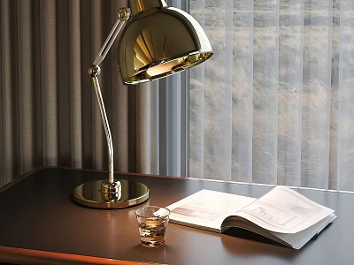 Brass desk lamp with open book and glass cup on table by window curtain 3d model