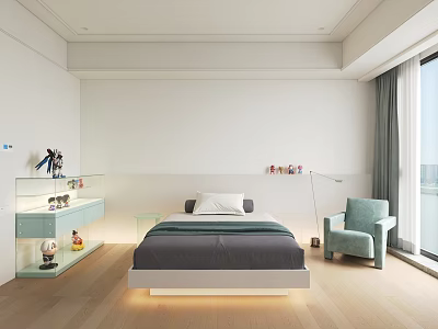 Modern Bedroom With Bed Glass Display Cabinet Light Blue Chair And Floor-to-Ceiling Window 3d model