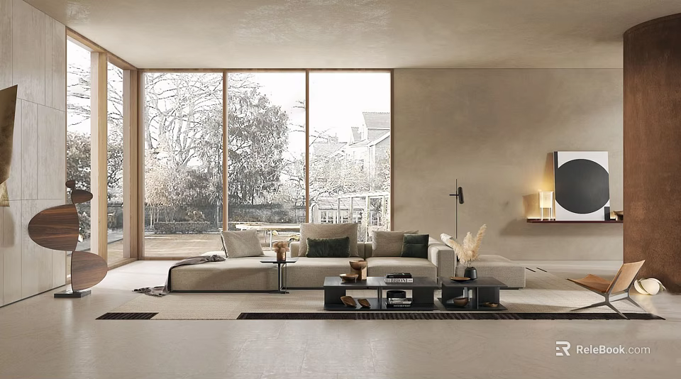 Modern Cozy Living Room With Large Windows Natural Light Light Sofa Wall Art Coffee Table 3d model 